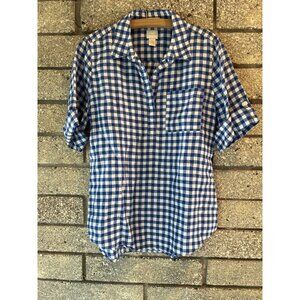 Chicos Blue & White Gingham Linen Button-Up Shirt W/ Roll-Tab Sleeves Size 1